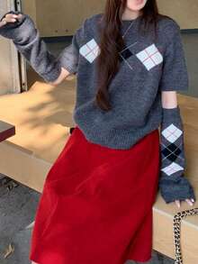 Vintage Korean Style Christmas Vibe Round Neck Short Sleeve Sweater With Matching Sleeve Cuffs - Grey - View 3