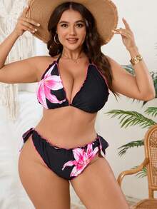 Bikini de talla grande para mujer con taza triangular estampada, nuevo modelo 2026 - Negro - Ver 3