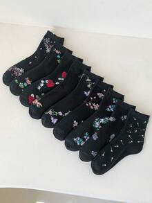 9 Pairs Women Floral Fashionable Casual Mid-Calf Socks, Suitable For Daily Wear, Fall - Multicolor - View 6