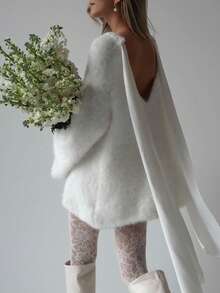Elegant Romantic Furry Knitted Warm Flare Sleeve Backless Bowknot Dress For Women, Autumn/Winter - White - View 2