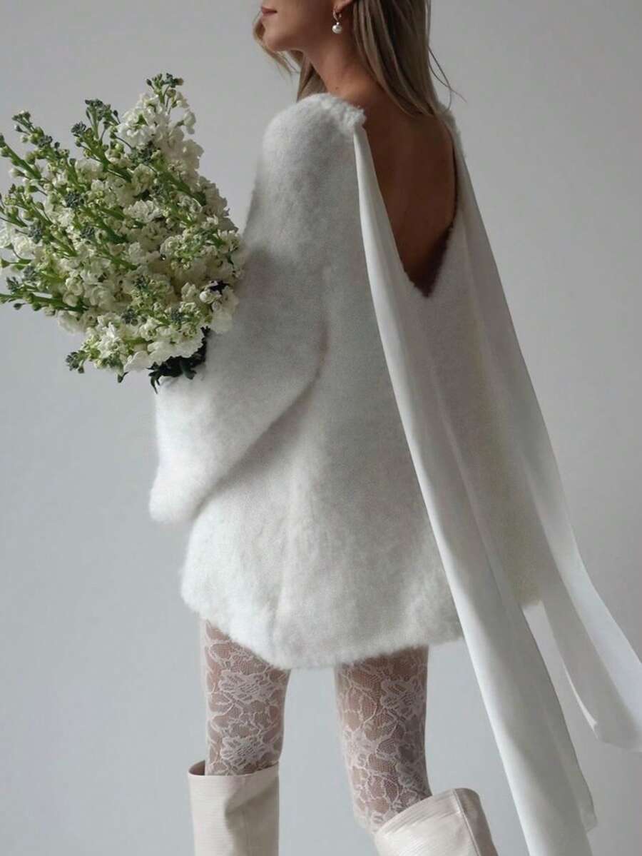 Elegant Romantic Furry Knitted Warm Flare Sleeve Backless Bowknot Dress For Women, Autumn/Winter