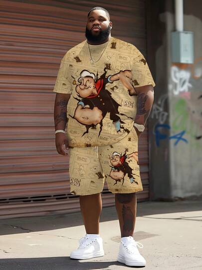 Men's Streetwear Casual Sports Set - "Vintage Distressed Cartoon Sailor" Graphic Design, Polyester Knit Fabric, Round Neck, Drawstring Shorts, Pockets, Regular Fit, Plus Size