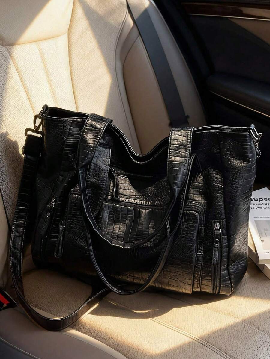 2026 Frühjahr/Sommer Neue schwarze weiche PU-Leder Damen Shopper Tasche, passt 16-Zoll Laptop, A4 Akten, Krokodilleder-Textur, Multi-Fach-Design, Reißverschluss-Verschluss, Großes Fassungsvermögen, vielseitig für Pendeln, Schule, Reisen, Einkaufen, Dates, Schulter- und Umhängegurt enthalten - Schwarz - Übersicht 1