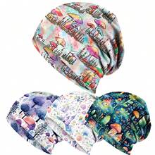 1顶/4顶 可爱蘑菇2D数码印花波西米亚风弹力针织帽印花头巾帽，男女通用，可机洗，宽松无檐帽，适合休闲穿着和节日礼物 - 彩色 - 查看 1