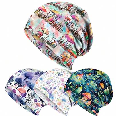 1顶/4顶 可爱蘑菇2D数码印花波西米亚风弹力针织帽印花头巾帽，男女通用，可机洗，宽松无檐帽，适合休闲穿着和节日礼物