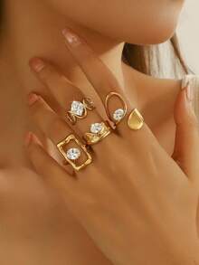 1 pieza Anillo de mujer de lujo con circonita estilo francés, diseño geométrico chapado en oro de 18K de acero inoxidable, adecuado para uso diario, citas, fiestas, conciertos, joyería - Amarillo Oro - Ver 3
