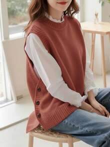 Cozy Cuff Sweater Vest - Soft, Sleeveless, Solid Color Knit Vest For Spring And Fall, Comfortable Casual Women's Wear For Everyday Wear - Redwood - View 4