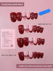 Bộ 24 miếng dán móng tay hình bầu dục chấm bi nơ dễ thương, vừa vặn hoàn hảo với móng giả acrylic ngắn, bao gồm: 1 miếng gel dẻo và 1 dũa móng, kiểu móng Pháp, phù hợp cho phụ nữ và bé gái sử dụng hàng ngày, cũng thích hợp cho các bữa tiệc và ngày Valentine. - Màu Đỏ Sâu - Xem 3