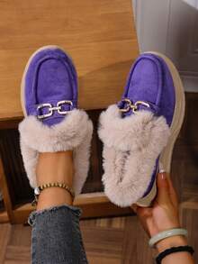 女士厚底毛绒乐福鞋，女士保暖内衬冬季新款软底加厚雪地靴，保暖冬鞋 - 紫色 - 查看 1