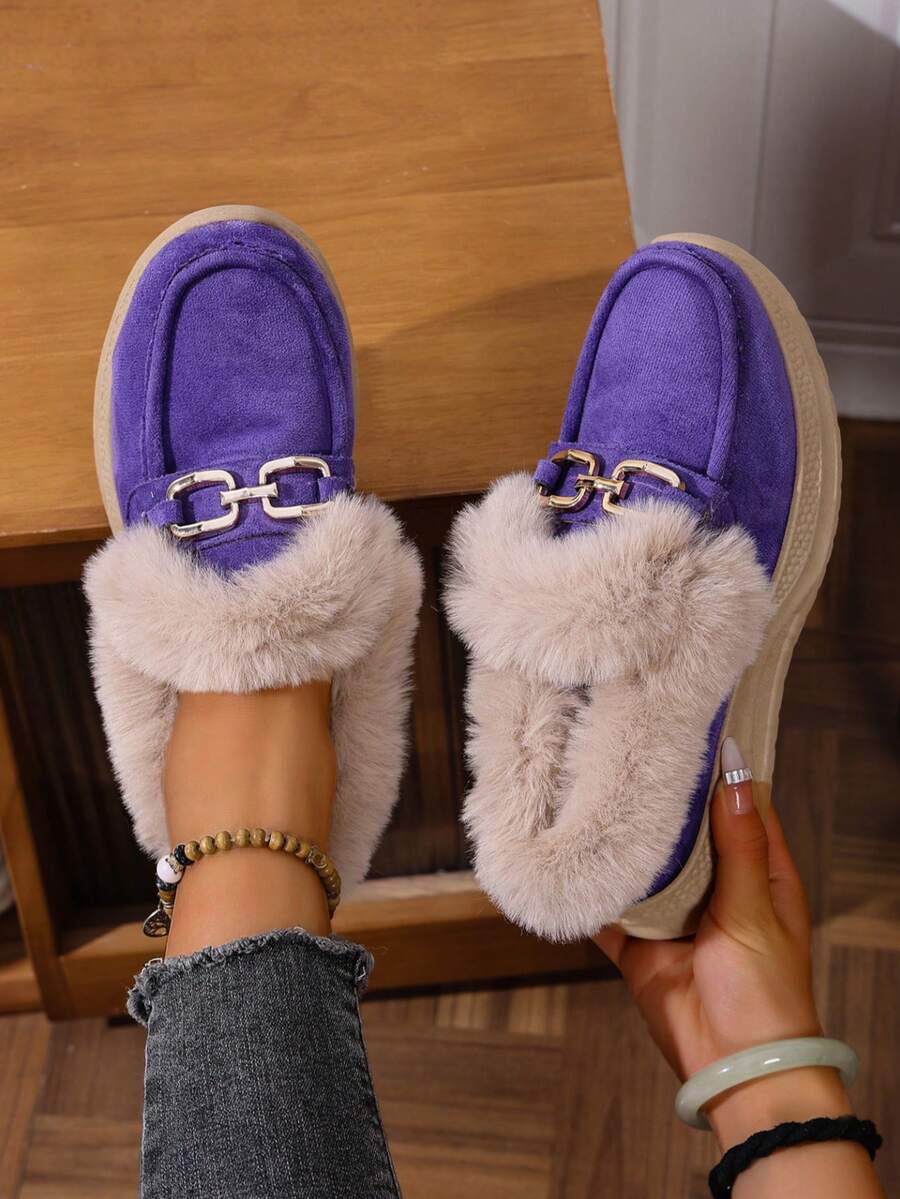 女士厚底毛绒乐福鞋,女士保暖内衬冬季新款软底加厚雪地靴,保暖冬鞋 - 紫色 - 查看 1