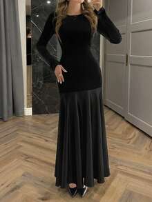 Robe de soirée élégante pour femmes PoPoHouse, avec un design de patchwork en satin de velours luxueux et mince, une robe longue. Tenues de la Saint-Valentin pour femmes, tenues de printemps pour femmes