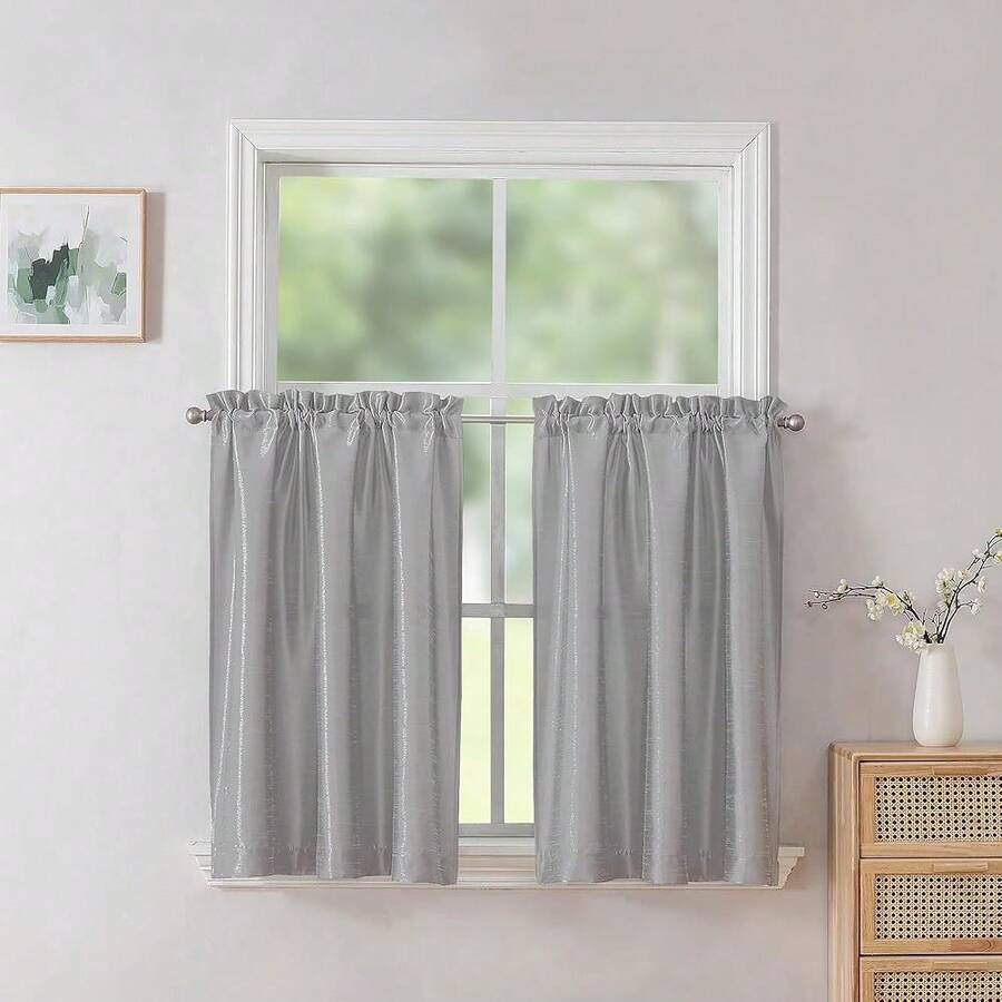 Uptown 2 PCS Light Grey Short Curtains 24 Inch Length, Light Filtering Faux Silk Slub Fabric Cafe Curtains For Bathroom Bedroom Small Windows, 30Wx24L Inch, 2 Pieces,Grey30inchWx24inchLPackof2 - 灰色30吋寬x24吋長2個裝 - 查看 1