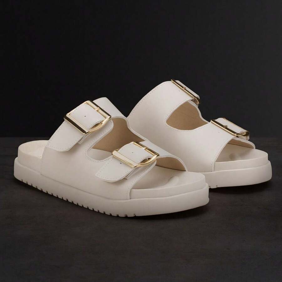 Sandália Estilo Papete Flatform Feminina Moderna Versátil Estilosa com Detalhe em Fivela Confortável para uso Diário  Verão 2025 - Branco - Visão 1