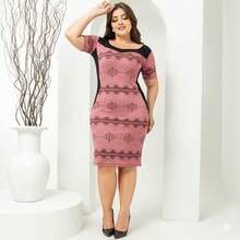 Red And White Midi Dress, Modest Plus Size, Formal - Rusty Rose - View 2