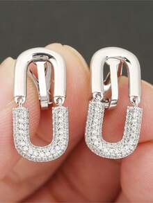 2 Pieces Of Fashionable Luxury Micro-Inlaid Zirconia Earrings, Double U-Shaped Clip-Ons, Oval Earrings That Do Not Require Piercing, Exquisite And High-End Feel, Suitable For Women's Daily Wear And Festive Occasions, Can Be Given To Friends - U-shaped Ear Clips - View 7