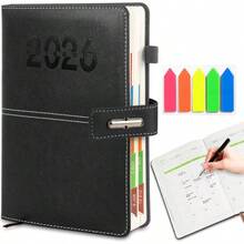 Agenda 2026, Planificador Diario, Semanal y Mensual, Libreta A5 con Cierre Magntico, Libreta de Notas con Notas Adhesivas de Colores, Planner Adecuada para Escuela y OficinaNegro - Negro - Ver 2