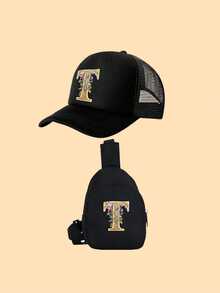 2件套儿童黑色花卉字母印花卡车帽,复古时尚设计,透气实用,适合男孩女孩户外穿着,春夏皆宜 - 黑色 - 查看 38