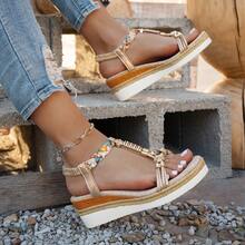 2026夏季度假风女装香槟色串珠绳底5.5厘米女士凉鞋，复古坡跟厚底波西米亚编织凉鞋 - 香檳色 - 查看 16