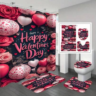 1/3/4 件装情人节玫瑰花心形气球浴帘套装，浴室套装，含浴帘和地毯，防水涤纶面料浴帘，浴室装饰，带 12 个挂钩，浴室窗帘浴帘套装，家居装饰，节日装饰，情人节装饰