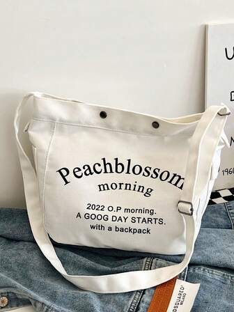 White Canvas Crossbody Bag, "Beautiful Morning" Letter Print Hobo Bag With Adjustable Strap, Spacious Casual Shoulder Bag For Daily & Travel Use, Lazy Style, Student School Use, Shopping, Crossbody Tote Bag