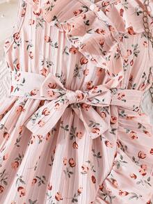 Young Girls' Elegant Floral Print Dress, Summer - Coral Pink - View 5