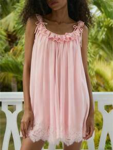 Women's Lace Vintage Victorian Nightgown Ladies Sleeveless Babydoll Sleep Dress Cute Bow Ruffle See Through Mesh Lounge Dress Summer Pajamas - 粉色 - 查看 1