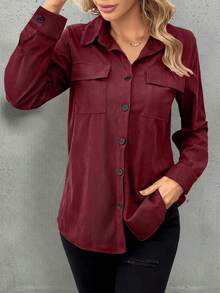 Camisa de pana para mujer, diseño de bolsillo doble, solapa retro, ropa de calle versátil, elegante blusa para mujer, primavera/verano