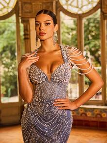 Elegant Women's Sweetheart Neck Sleeveless Mermaid Dress, Ideal For Formal Occasions With Sequin And Pearl Bead Embellishments, Elegant Party Gown Wedding Spring - 霧霾藍 - 查看 4