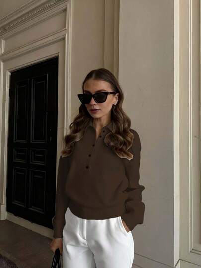 Senya Vintage Solid Color Long Sleeve Knit Sweater, Loose Fit Half-Zip Design, Showcasing Classic Charm, Autumn/Winter New Arrival