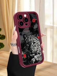 1 pieza funda de teléfono con diseño de jaguar blanco y negro con labios rojos, corazón y rosa sobre fondo oscuro, estilo salvaje y romántico ideal para amantes del arte animal y lo atrevido, TPU suave, protección completa antiimpacto y antideslizante, compatible con iPhone17 ProMax/16/15/14/13/12/11/Plus/Pro/ProMax, compatible con Galaxy A34/A35/A54/A55, Galaxy S20/S21/S22/S23/S24/S25 Ultra/Plus, compatible con Galaxy/Redmi/Honor/OPPO/ViVo - Burdeos - Ver 2