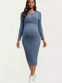 Maternity Solid Color Elegant Casual Ribbed Twist Knot Crossover Dress, Everyday Wear, Spring/Autumn - Blue - View 1
