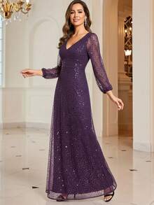 EVERPRETTY 春季女士优雅闪亮V领长袖亮片礼服,适合婚礼、舞会、毕业典礼、正式场合、新娘、新娘母亲、婚礼宾客、晚宴、生日派对、节日派对、家庭聚会、新年等半正式场合。 - 紫色 - 查看 9