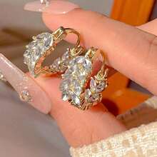 1 Pair Of Elegant Wheat Spike Hoop Earrings - Gold Alloy With Rhinestone Decoration, Natural Style Design - Vàng - Xem 5