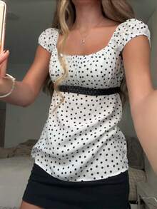 Women Y2K Fairy Grunge Babydoll Shirt Top Polka Dots Print Scoop Neck Back Bow Tie Up Flowy T Shirts Summer Cap Sleeve Back Smocked Slim Fit Crop Tank Tops Teen Girsl Cute Preppy Going Out Tee Top Vintage Aesthetic Fairycore Clothes Streetwear - trắng - Xem 1
