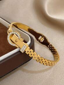 1pc Vintage Belt Buckle Shape Bangle Bracelet For Women Unique Hollow Stainless Steel Bangle Bracelet For Daily Party Jewelry Christmas Gifts - Multicolor - View 1
