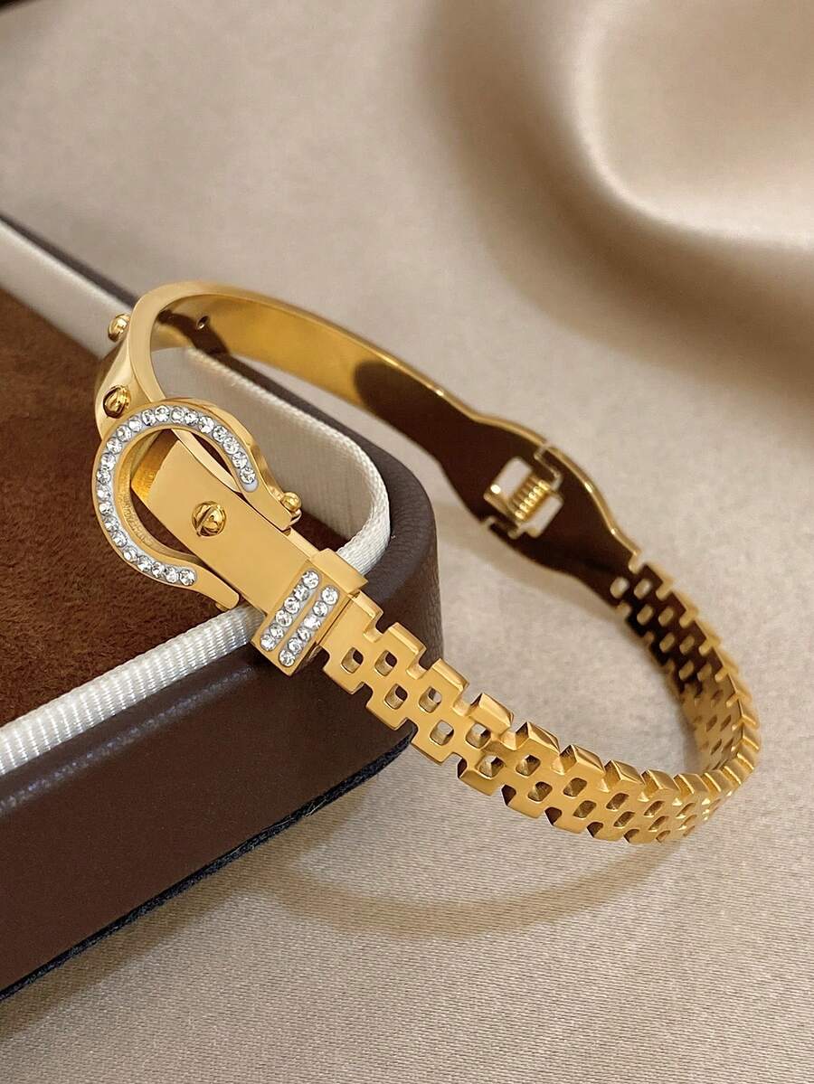 1pc Vintage Belt Buckle Shape Bangle Bracelet For Women Unique Hollow Stainless Steel Bangle Bracelet For Daily Party Jewelry Christmas Gifts - Multicolor - View 1