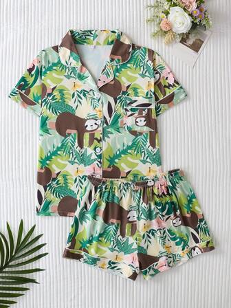 2 st brunt pyjamasset med lättja och tryck, kortärmad topp med knäppning och shorts i midjan, eleganta pyjamasplagg för damer, heminredning