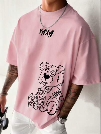  Zrgoth 男士休闲百搭极简主义熊印花线条艺术动物短袖T恤