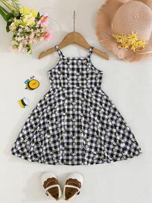 3pcs/Set Baby Girls' Vacation Style Spaghetti Strap Dress, Cute Daisy & Bee Print Casual Dress For Spring/Summer - Multicolor - View 8