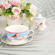 一套耐热喜鹊造型茶壶套装，纯白色带金色镶边茶壶和茶杯，可重复使用的陶瓷咖啡/茶杯套装，是圣诞节、万圣节、复活节、感恩节的理想礼物。