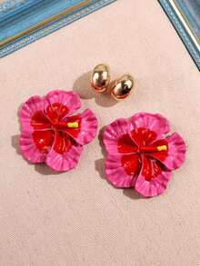 Set de 4 piezas de aretes grandes y exagerados de esmalte de colores con flores de Plumeria, joyería de mujer de moda para otoño/invierno, conjunto de joyería floral minimalista y única - Multicolor - Ver 9