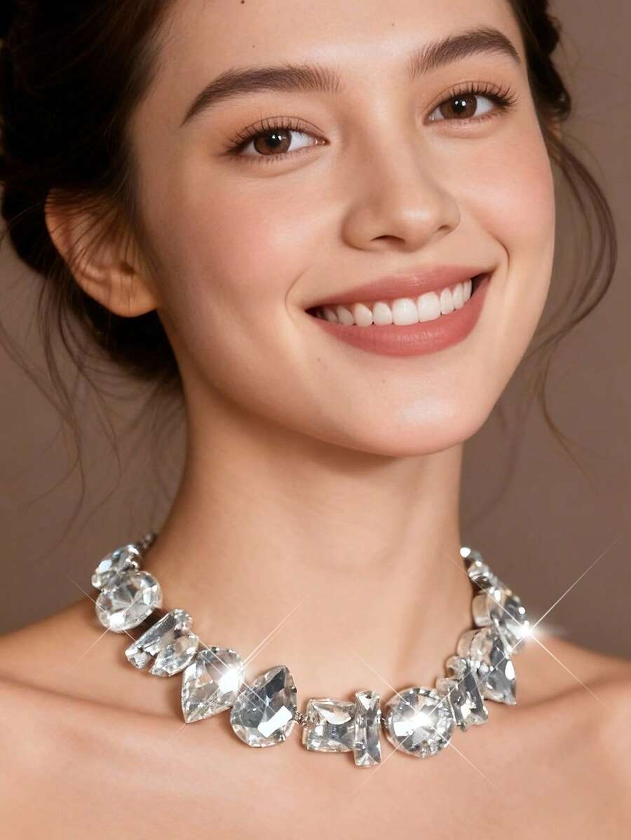 1 Vòng Cổ Thủy Tinh Thời Trang Cho Nữ, Phụ Kiện Dự Tiệc Phóng Đại - Bạc - Xem 1