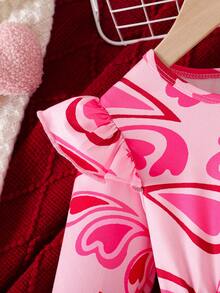 Valentine's Day Heart & Letter Print Mesh Patchwork Dress With Belt For Young Girls - Hot Pink - View 8
