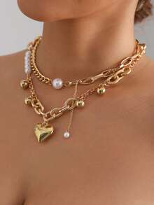 2 Pieces Of Exaggerated Heart-Shaped Layered Necklaces With Feminine Charm And A Stylish Su Necklace - Gold - View 4