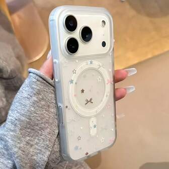 Funda protectora de teléfono con anillo magnético, estampado de lazo y estrella, mate y a prueba de golpes, transparente y con acabado mate, diseño de lazo y estrella, adecuada para smartphones, de moda, linda, resistente y a prueba de golpes, funda de teléfono magnética de moda