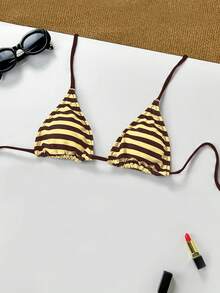 Women's Summer Striped Bikini Top, Suitable For Holiday Swimwear Vacation Beach - Yellow Coffee Color - View 3