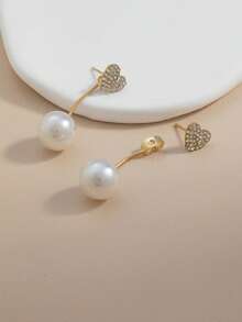 1 Pair Elegant Faux Pearl & Diamond Heart Shaped Pendant Earrings - Unique Minimalist Design For Women, Suitable As Valentine's Day Gift - Multicolor - View 5