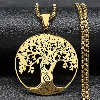 Stainless Steel Golden And Silvery Lucky Amulet Necklace For Women With A Tree Of Life Design