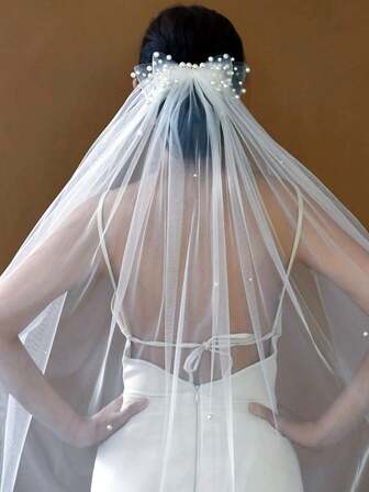 Beaded Bow Bridal Veil, Cute Pearl Wedding Headpiece, Fingertip Length Bridal Veil, Suitable For Party And Wedding