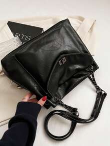 女士时尚大容量单肩手提包，简约纯色手提包，斜挎包，工作包，旅行包，多功能链条肩带包 - 黑色 - 查看 7